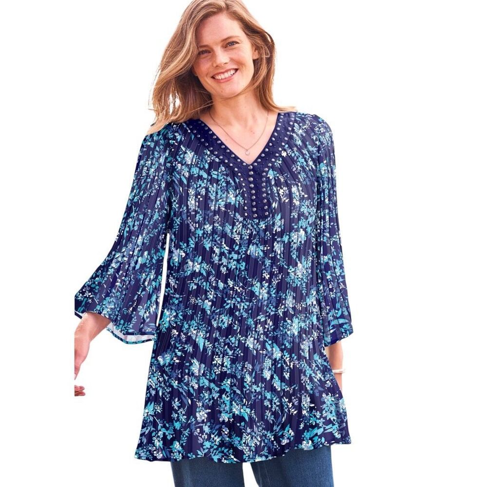 Woman Within Plus Size 26W 28W Top 2X Embellished Pleated Blouse Blue Floral 296